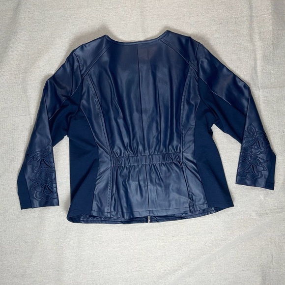 Christopher & Banks | Navy Zip-Up Faux Leather Floral Embroidered Jacket | PXL - Picture 2 of 13